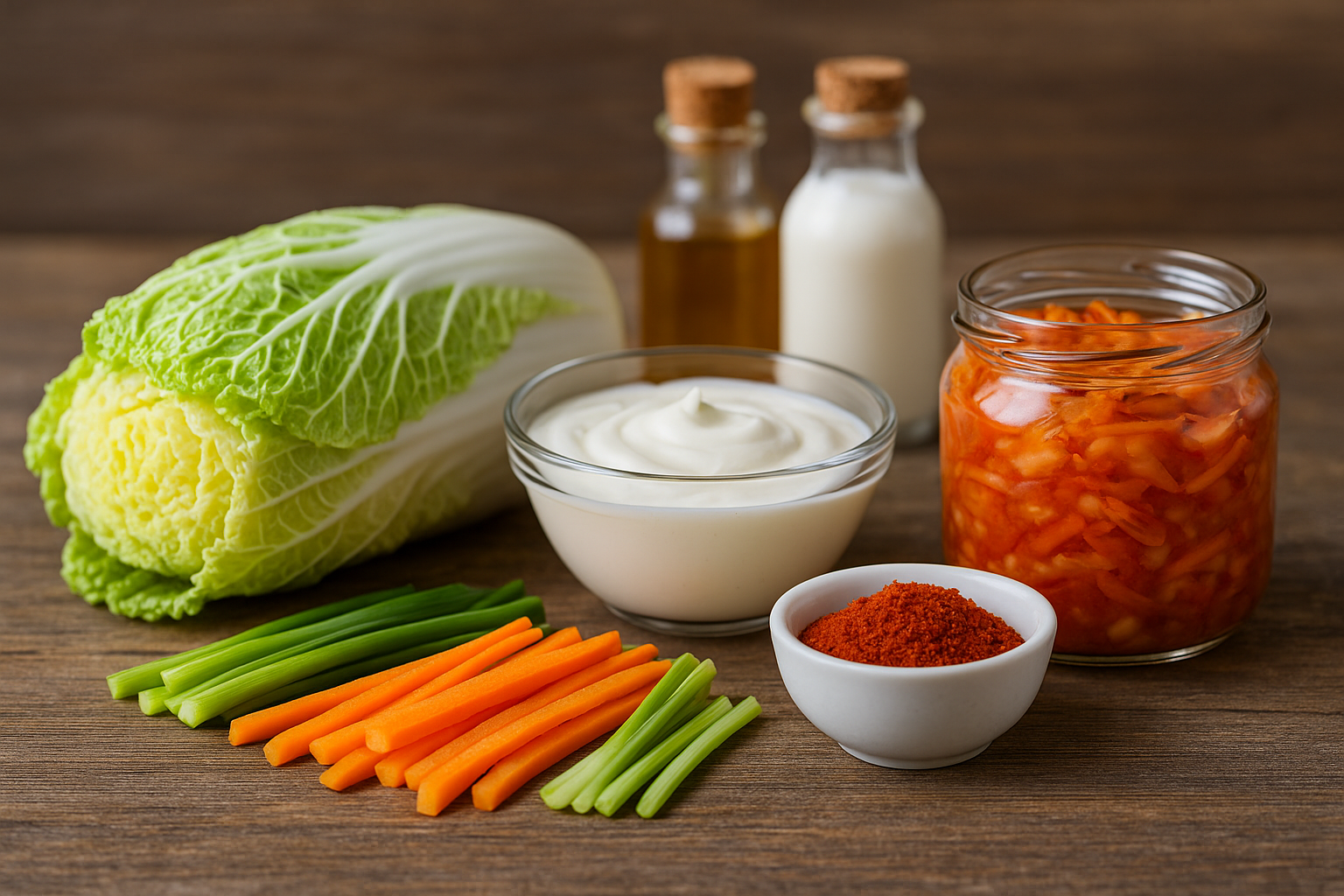 Frische Zutaten für Kimchi auf einem Holztisch: Chinakohl, Karotten, Frühlingszwiebeln, eine Schale mit Joghurt, Gochugaru-Chilipulver, fermentiertes Kimchi im Glas sowie kleine Flaschen mit Sauce und Milch.