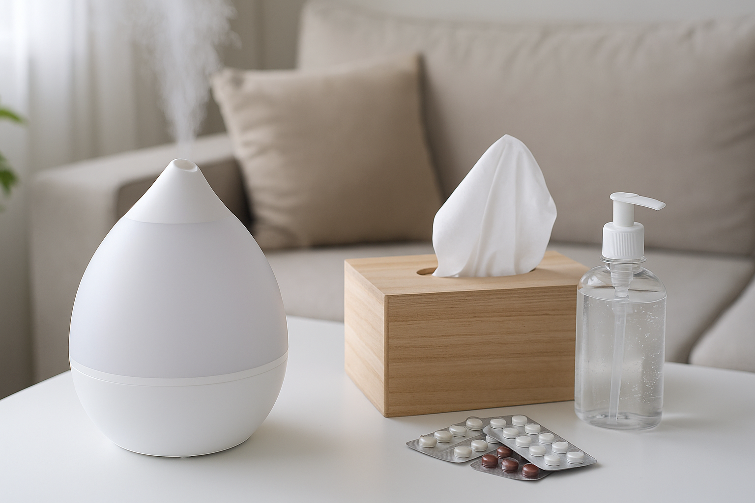Weisser Luftbefeuchter auf einem Tisch neben einer Holzbox mit Taschentüchern, einem Desinfektionsmittel und Tabletten in einer gemütlichen Wohnzimmerumgebung.