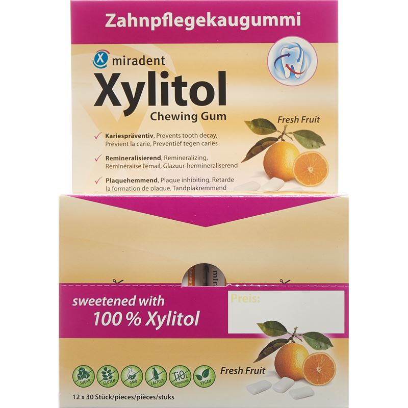 MIRADENT Xylitol Kaugummi Frucht 12 x 30 Stk