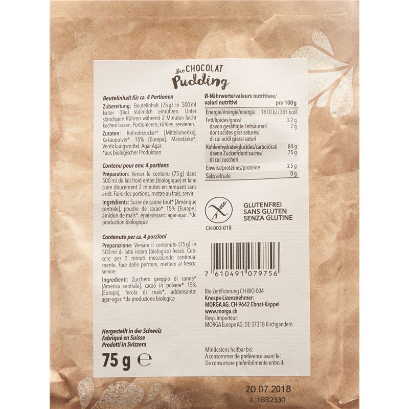 MORGA BIO Pudding Chocolat Btl 75 g