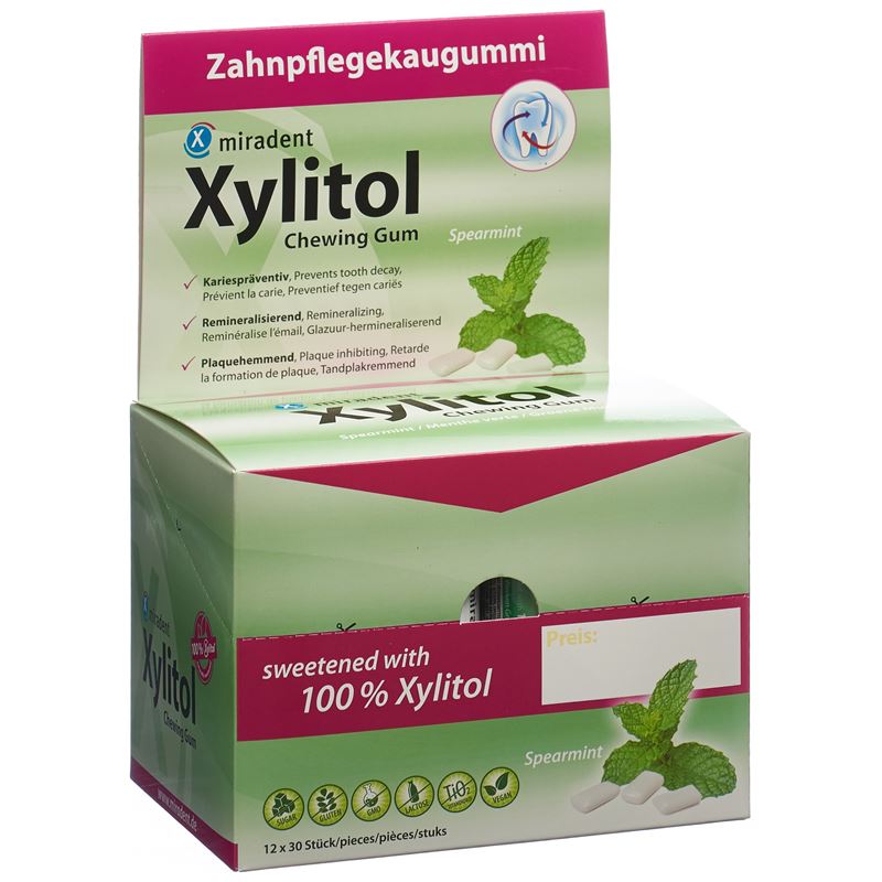 MIRADENT Xylitol Kaugummi Spearmint 12 x 30 Stk